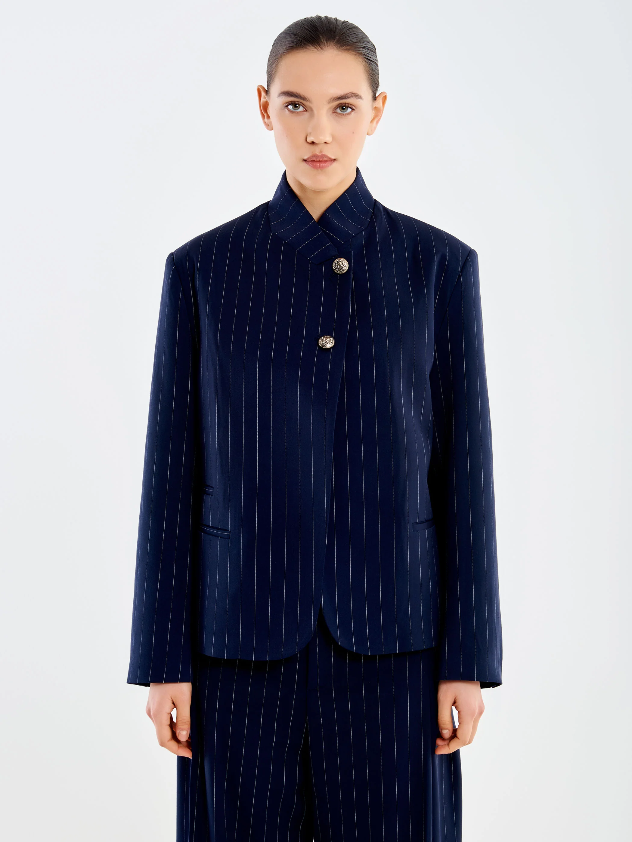 Blazer Gessato Collo Alto Bottoni Araldici - Image 2