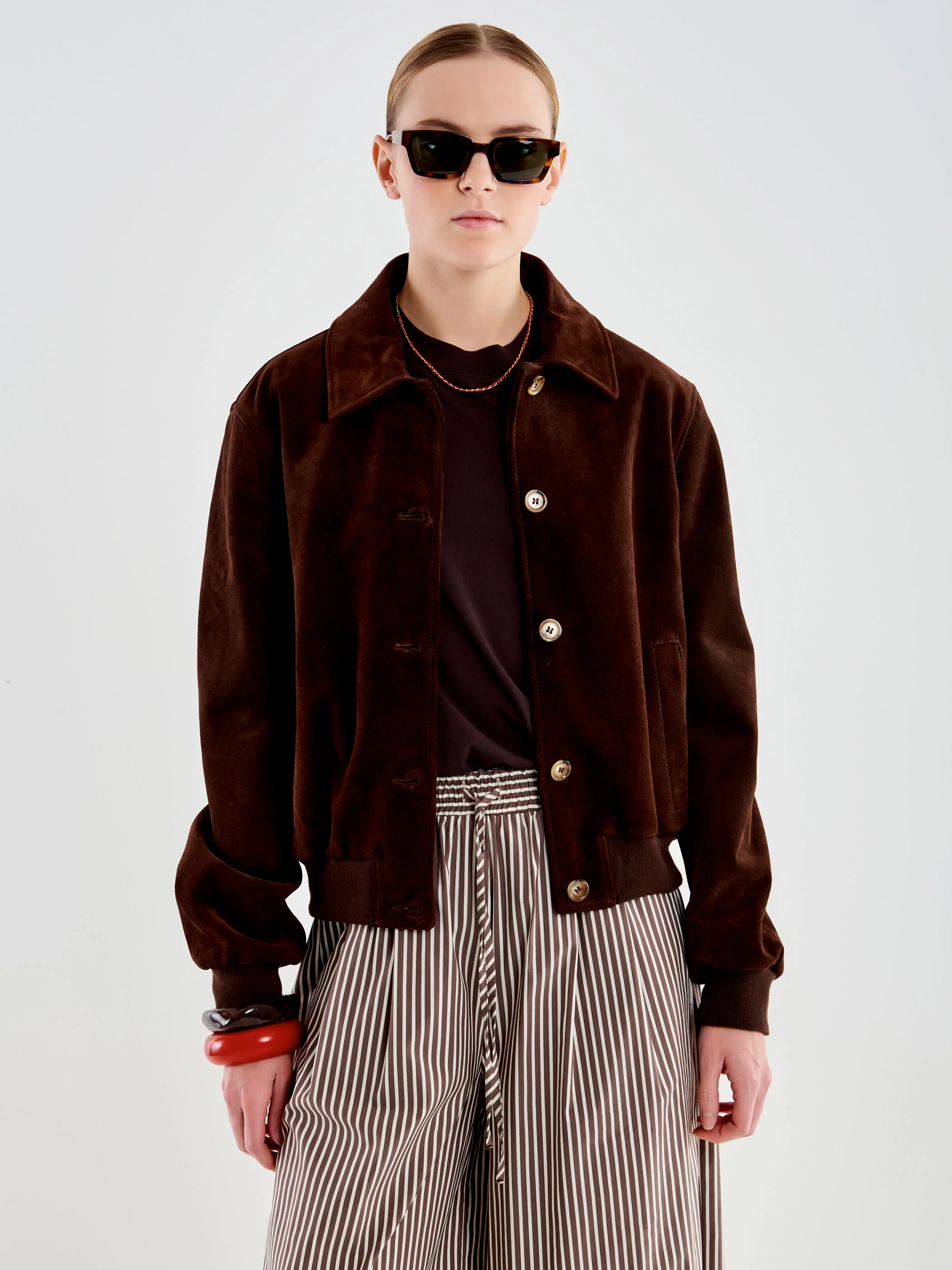 Bomber Corto Scamosciato in Vera Pelle