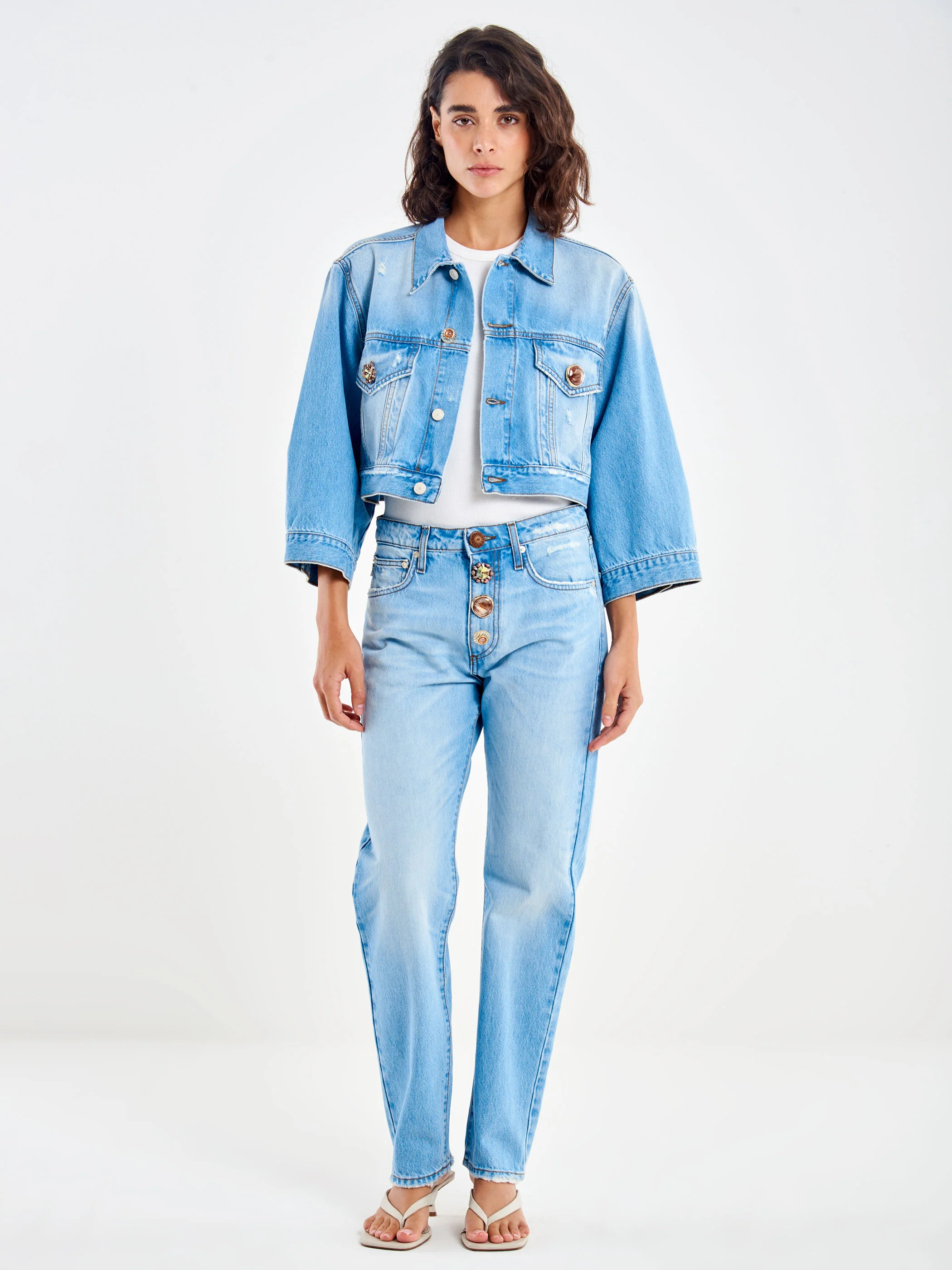 Giubbotto in Denim Bottoni Gioiello